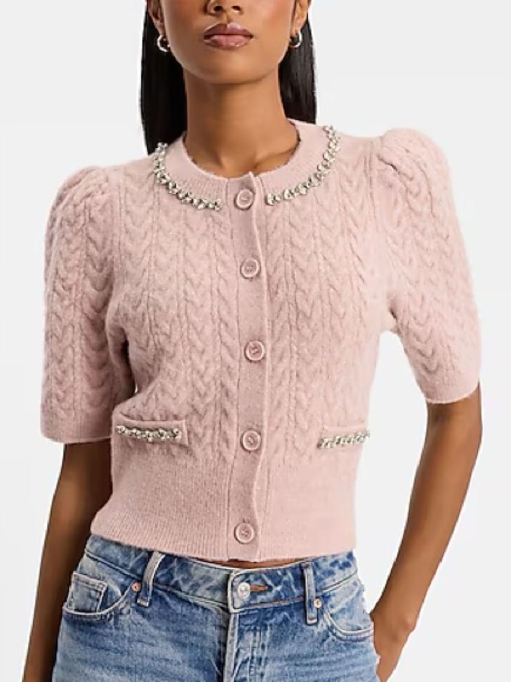EXPRESS CABLE KNIT RHINESTONE ACCENT SHORT SLEEVE SWEATER